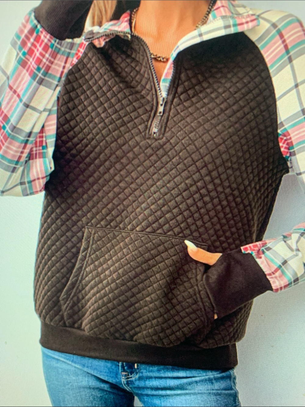 Quilted Black Half-Zip Pullover Sweater with Plaid Hood